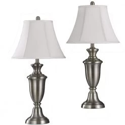 31.5 in. Brushed Steel Table Lamp Set with White Softback Silk Shades by StyleCraft