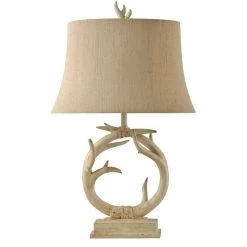 30 in. Distressed Cream Table Lamp with Beige Hardback Natural Linen Shade by StyleCraft