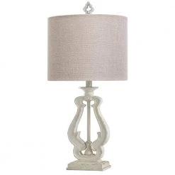 27 in. Distressed White Table Lamp with Textured Beige/Gray Hardback Fabric Shade by StyleCraft