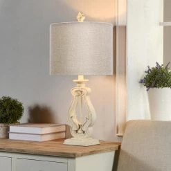 27 in. Distressed White Table Lamp with Textured Beige/Gray Hardback Fabric Shade by StyleCraft -StyleCraft Shop distressed white stylecraft table lamps l215321cds 76 1000