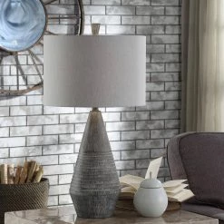 31 in. Faux Wood Poly Resin Gray Finished Lamp Body Base Indoor Table Lamp with Fabric Shade by StyleCraft -StyleCraft Shop faux wood poly resin gray finished lamp body base stylecraft table lamps l330771ds 31 1000
