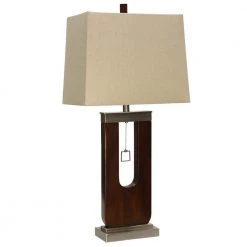34 in. Stained Wood and Stainless Table Lamp with Beige Hardback Fabric Shade by StyleCraft