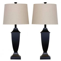 30 in. Black, Tan Wood Table Lamp with Heathered Tan Hardback Linen Blend Shade (Set of 2) by StyleCraft