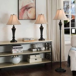 61 in. Bronze Wood Shade Lamp Set with Geneva Taupe Fabric Shade (3-Piece) by StyleCraft -StyleCraft Shop stylecraft lamp sets pg8018ds 31 1000