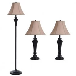61 in. Bronze Wood Shade Lamp Set with Geneva Taupe Fabric Shade (3-Piece) by StyleCraft