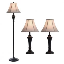 61 in. Bronze Wood Shade Lamp Set with Geneva Taupe Fabric Shade (3-Piece) by StyleCraft -StyleCraft Shop stylecraft lamp sets pg8018ds c3 1000