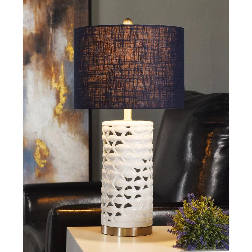 27 in. White/Silver/Sand Table Lamp with Navy Blue Hardback Fabric Shade by StyleCraft 7 27 in. White/Silver/Sand Table Lamp with Navy Blue Hardback Fabric Shade by StyleCraft - Image 5