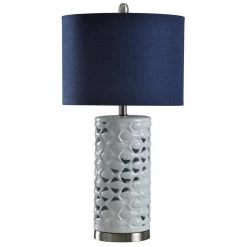 27 in. White/Silver/Sand Table Lamp with Navy Blue Hardback Fabric Shade by StyleCraft