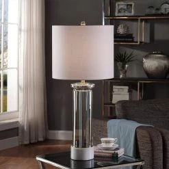 Royal Gate 34.25 in Glass Pillar Table Lamp with Marble Base and Drum Shade by StyleCraft -StyleCraft Shop white smoked stylecraft table lamps l318419ds 31 1000